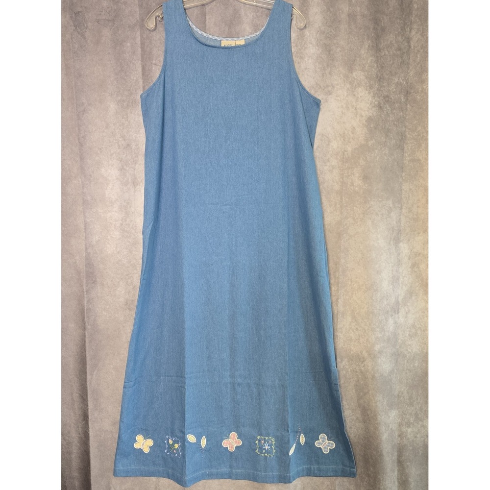 KORET BLUE VTG 90s Floral Embroidered Denim Maxi Jumper Dress Sz M  Cottagecore